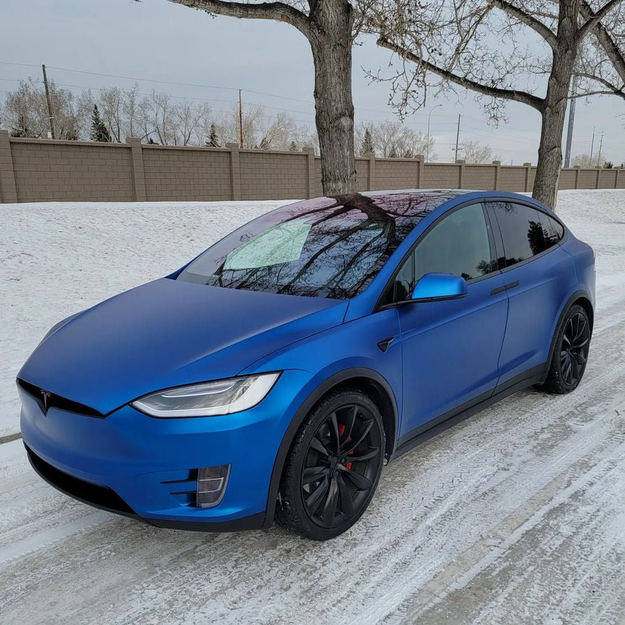 DIY Tesla X wrapped in Matte HX20000 Metallic Night Blue vinyl wrap HX20905M