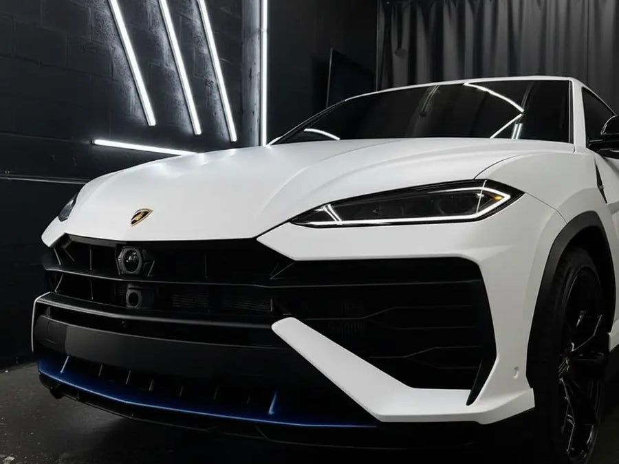 Lamborghini Urus wrapped in Hexis Matte HX20000 Lapland White vinyl wrap HX20002M