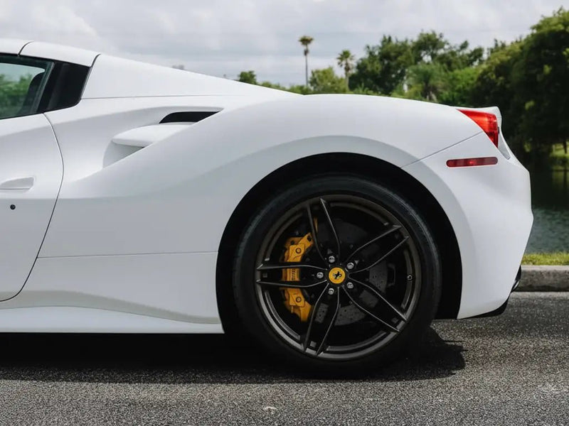 Ferrari 488 Spider wrapped in Hexis Matte HX20000 Lapland White vinyl wrap HX20002M