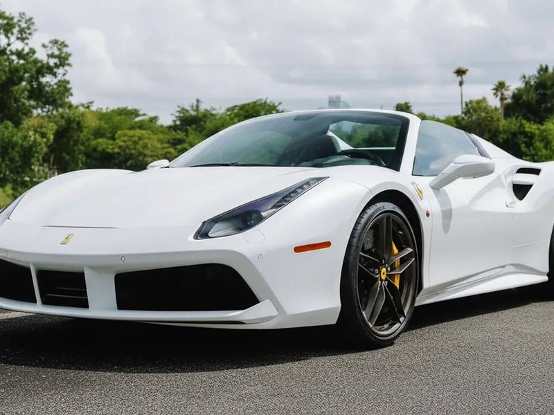Ferrari 488 Spider wrapped in Hexis Matte HX20000 Lapland White wrap film HX20002M