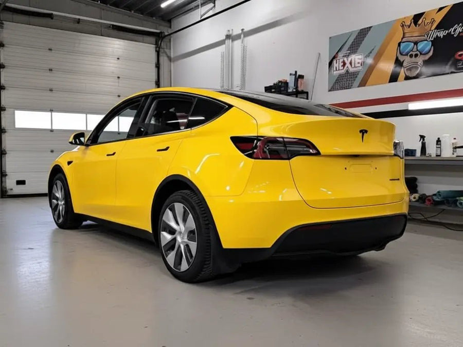 DIY Tesla Y wrapped in Gloss HX20000 Sun Yellow vinyl wrap HX20109B detail