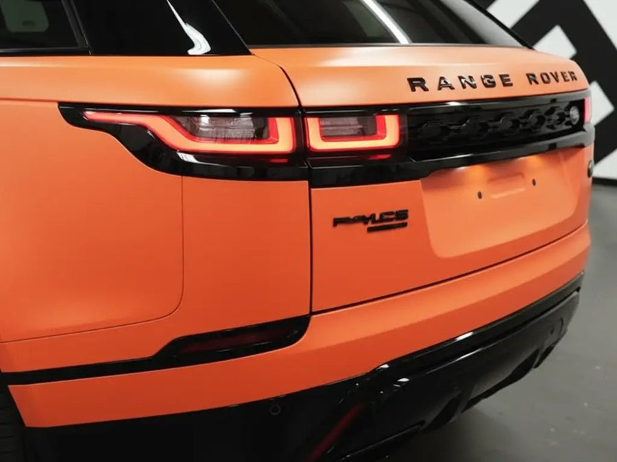 DIY Range Rover Velar wrapped in Matte HX20000 Mandarin Red automotive vinyl film HX20165M