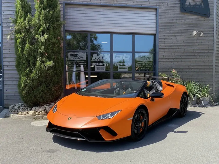DIY Lamborghini Huracán wrapped in Matte HX20000 Mandarin Red restyling film HX20165M