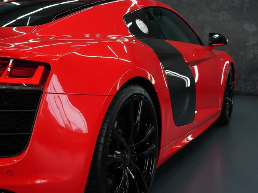 Audi R8 wrapped in Hexis Gloss HX20000 Ruby Red wrap film HX20186B