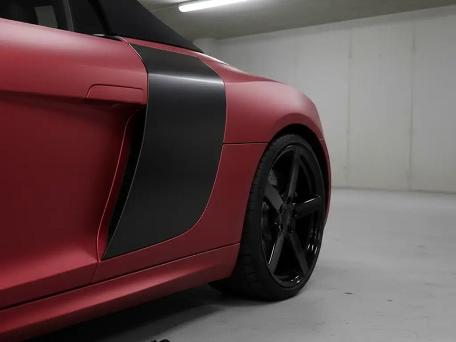 Audi R8 wrapped in Hexis Satin HX20000 Red Aluminum restyling film HX20196S