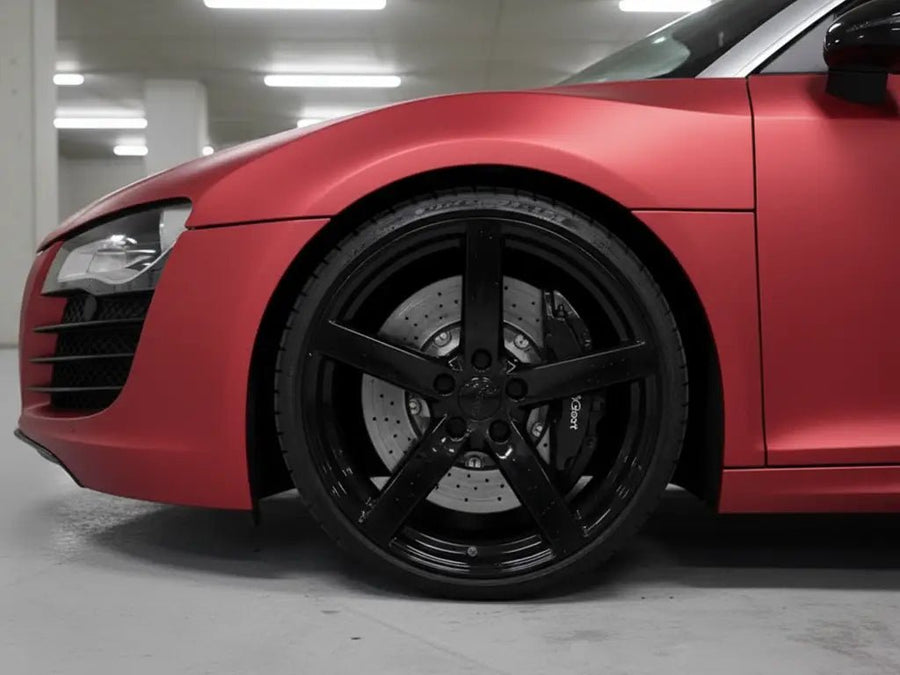 Audi R8 wrapped in Hexis Satin HX20000 Red Aluminum automotive vinyl film HX20196S detail