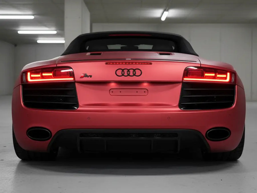Audi R8 wrapped in Hexis Satin HX20000 Red Aluminum wrap film HX20196S