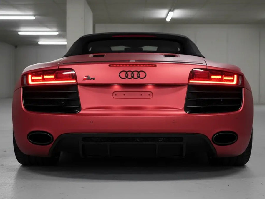 Audi R8 wrapped in Hexis Satin HX20000 Red Aluminum wrap film HX20196S