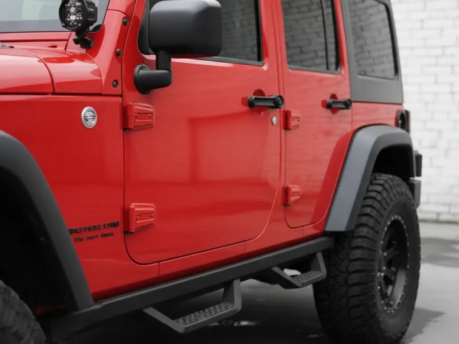 Jeep Wrangler wrapped in Hexis Gloss HX20000 Cardinal Red vinyl wrap HX20200B detail