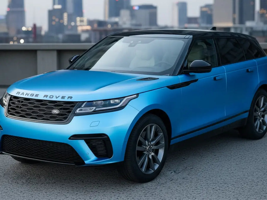 Range Rover Velar wrapped in Hexis Satin HX20000 Ara Blue restyling film HX20219S