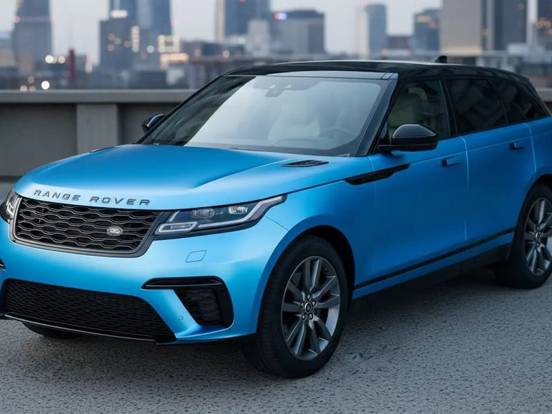 Range Rover Velar wrapped in Hexis Satin HX20000 Ara Blue restyling film HX20219S