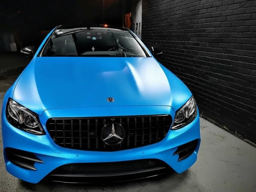 DIY Mercedes-Benz E-Class wrapped in Satin HX20000 Ara Blue restyling film HX20219S