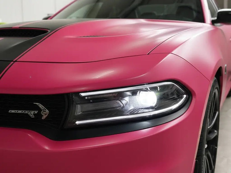 Dodge Charger wrapped in Hexis Matte HX20000 Fuchsia vinyl wrap HX20220M