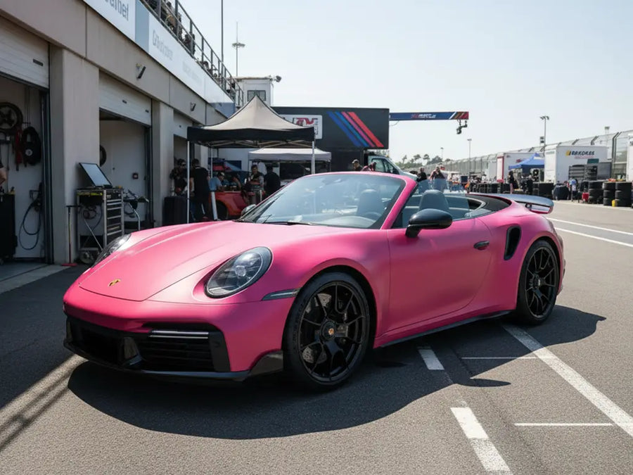 Porsche 911 Turbo S Cabriolet wrapped in Hexis Matte HX20000 Fuchsia car wrap film HX20220M