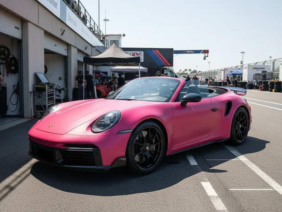 Porsche 911 Turbo S Cabriolet wrapped in Hexis Matte HX20000 Fuchsia car wrap film HX20220M