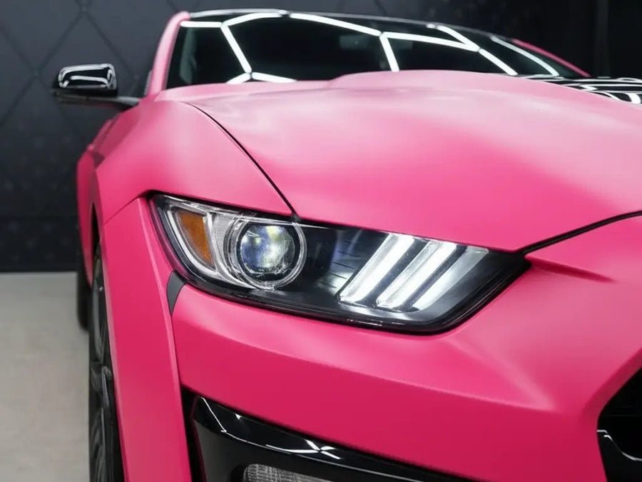 DIY Ford Mustang wrapped in Matte HX20000 Fuchsia restyling film HX20220M