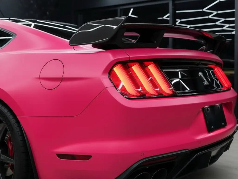 Ford Mustang wrapped in Hexis Matte HX20000 Fuchsia automotive vinyl film HX20220M