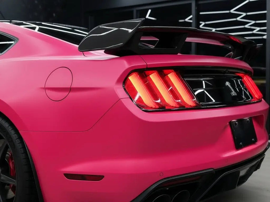Ford Mustang wrapped in Hexis Matte HX20000 Fuchsia automotive vinyl film HX20220M