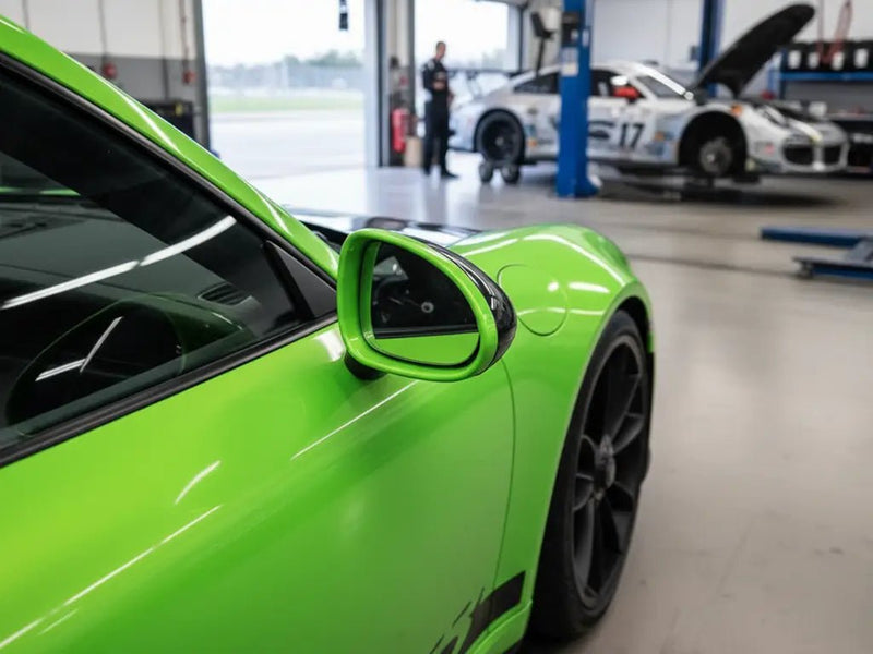 Porsche 911 GT3 wrapped in Gloss HX20000 Wasabi Green car wrap film HX20228B detail