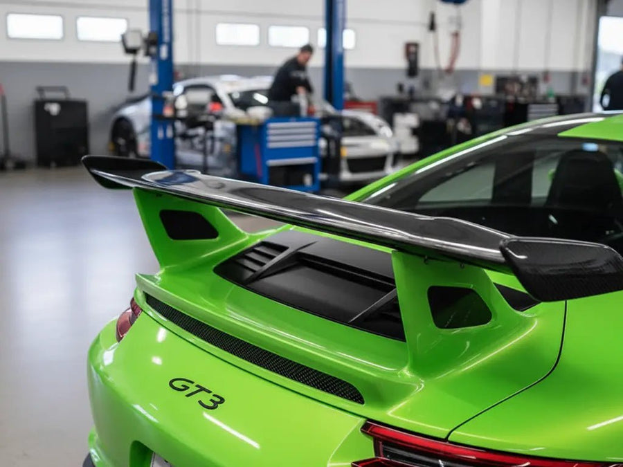 Porsche 911 GT3 wrapped in Gloss HX20000 Wasabi Green car wrap film HX20228B