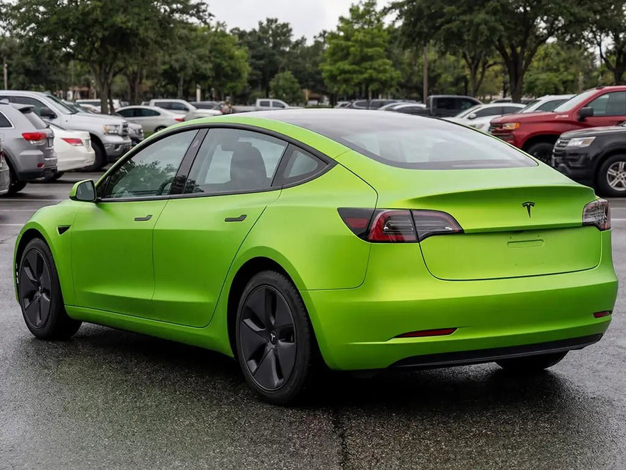 Tesla 3 wrapped in Hexis Matte HX20000 Wasabi Green restyling film HX20375M detail