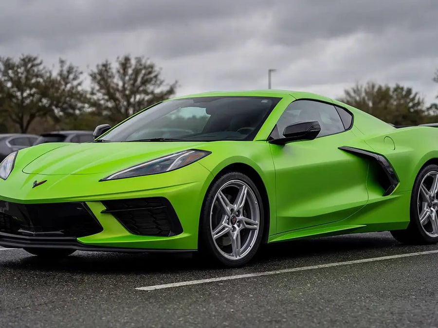 DIY Chevrolet Corvette wrapped in Matte HX20000 Wasabi Green car wrap film HX20375M detail