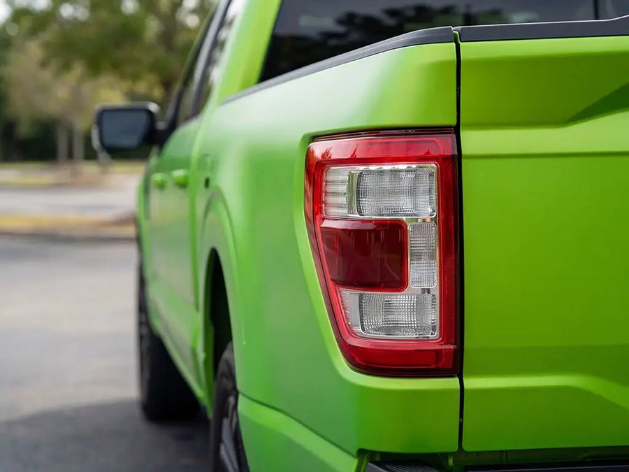 Ford F-150 wrapped in Hexis Matte HX20000 Wasabi Green car wrap film HX20375M