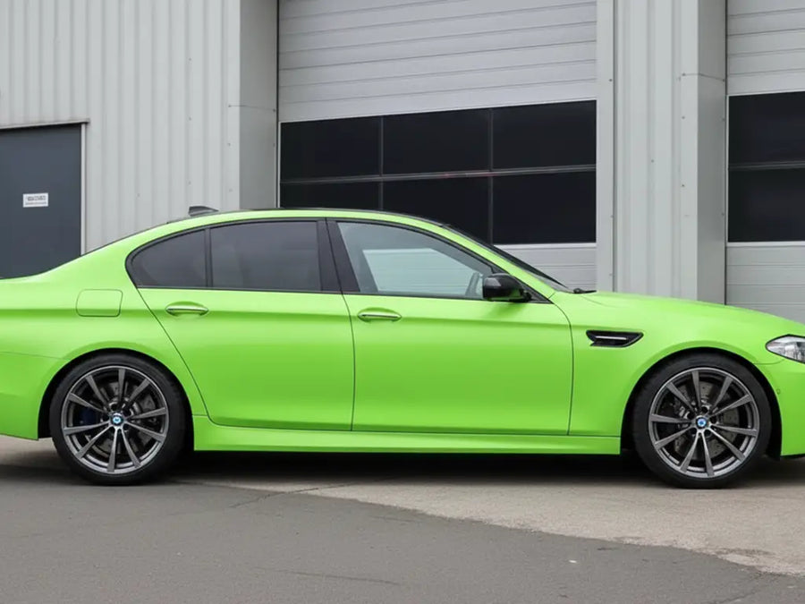 BMW M5 wrapped in Satin HX20000 Acid Green vinyl wrap HX20266S detail