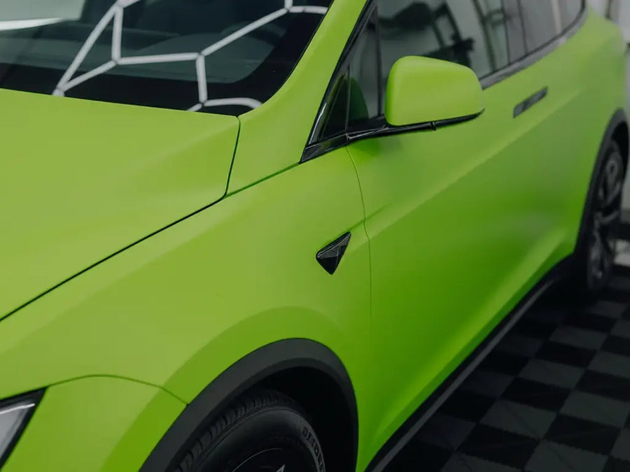 Tesla Y wrapped in Satin HX20000 Acid Green vinyl wrap HX20266S