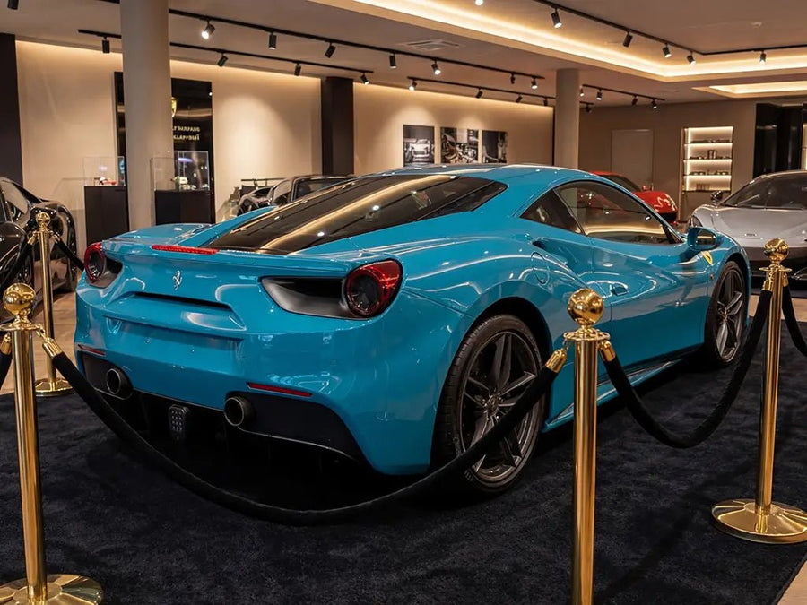 Ferrari 488 GTB wrapped in Gloss HX20000 Pigeon Blue wrap film HX20315B