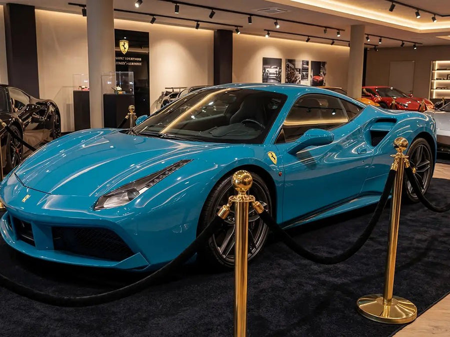 Ferrari 488 GTB wrapped in Hexis Gloss HX20000 Pigeon Blue wrap film HX20315B