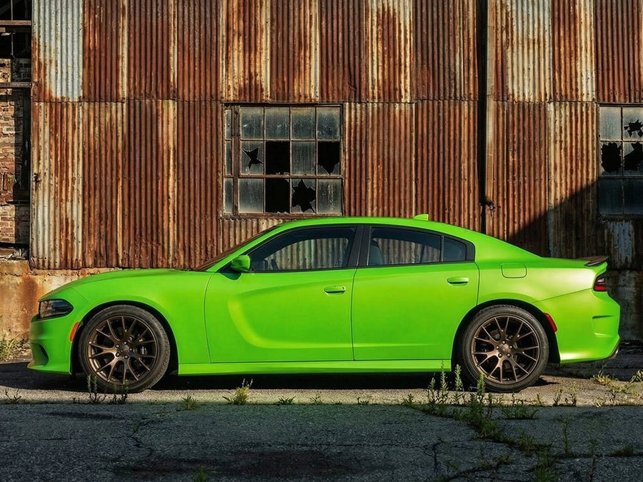 Dodge Charger wrapped in Matte HX20000 Light Green automotive vinyl film HX20375M
