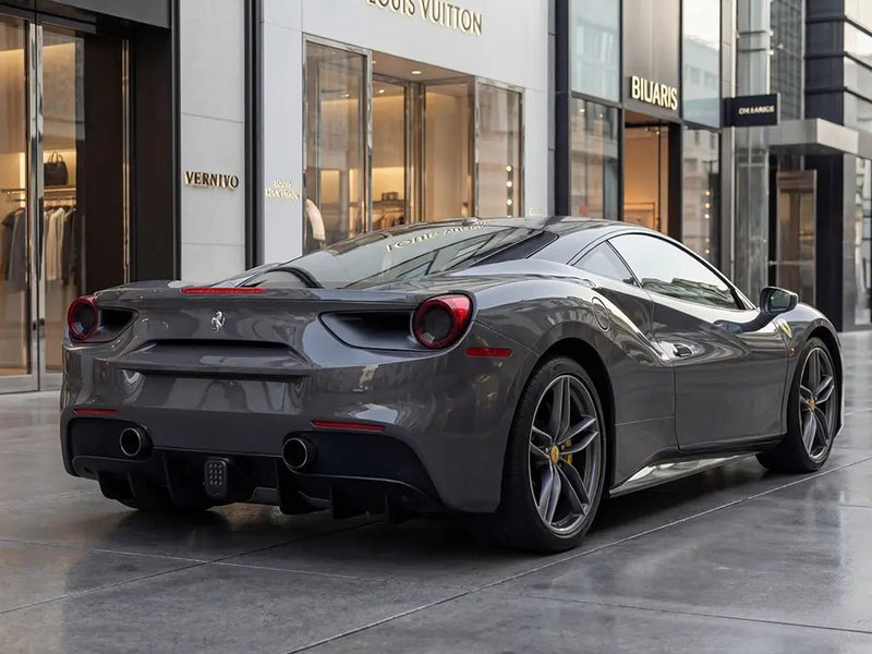 Ferrari 488 GTB wrapped in Hexis Gloss HX20000 Dark Grey car wrap film HX20432B
