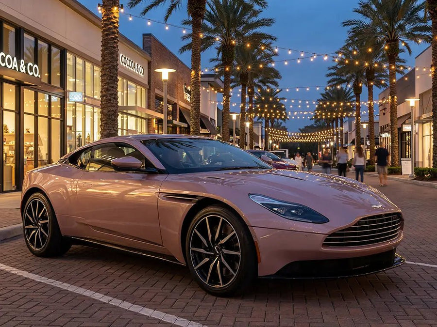 Aston Martin DB11 wrapped in Hexis Gloss HX20000 Metallic Cinder Rose car wrap film HX20437B