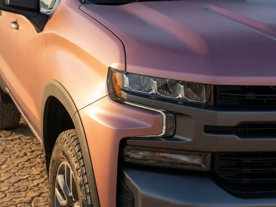 DIY Chevrolet Silverado wrapped in Matte HX20000 Metallic Cinder Rose automotive vinyl film HX20437M