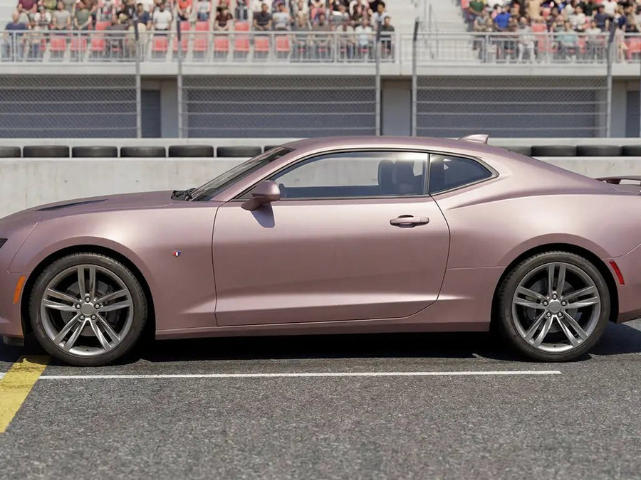 Chevrolet Camaro wrapped in Matte HX20000 Metallic Cinder Rose car wrap film HX20437M