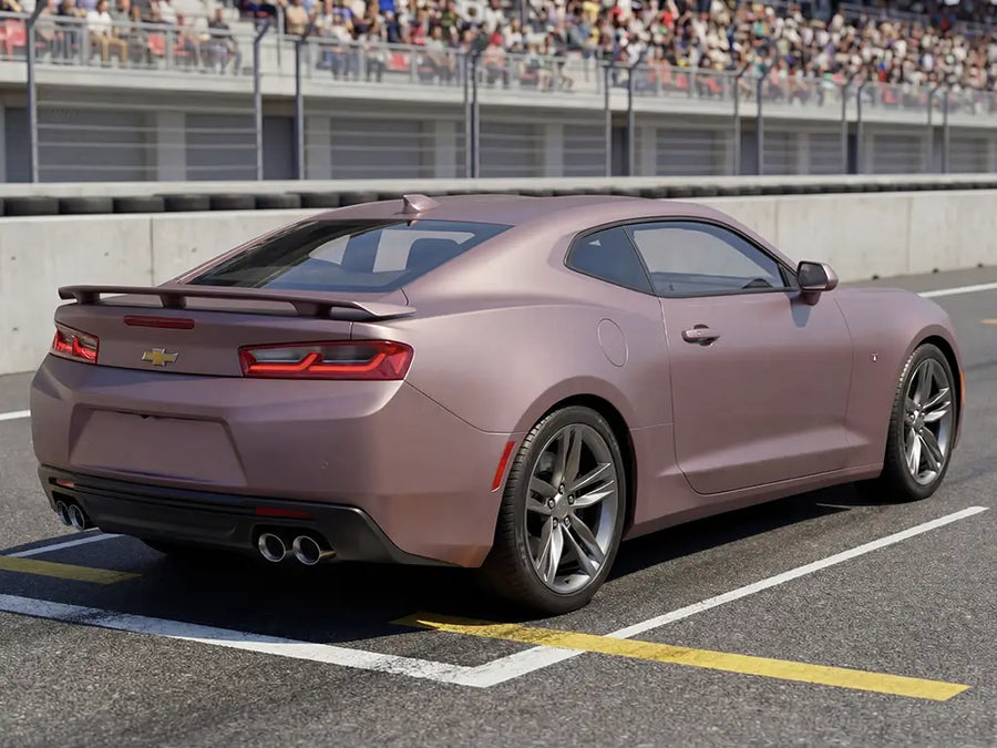 Chevrolet Camaro wrapped in Matte HX20000 Metallic Cinder Rose automotive vinyl film HX20437M