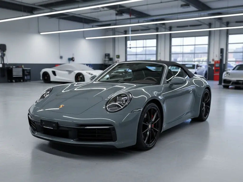 Porsche 911 Cabriolet wrapped in Gloss HX20000 Elephant Grey restyling film HX20446B