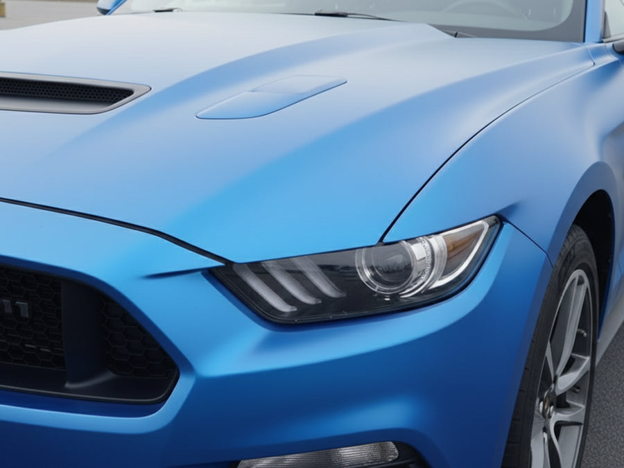 Ford Mustang wrapped in Hexis Satin HX20000 Racing Light Blue car wrap film HX20521S