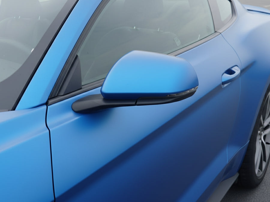 Ford Mustang wrapped in Hexis Satin HX20000 Racing Light Blue car wrap film HX20521S detail