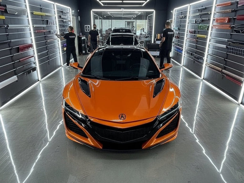 Acura NSX wrapped in Hexis Gloss HX20000 Orange Zenith vinyl wrap HX20585B detail