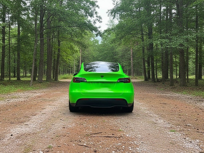 Tesla Y wrapped in Gloss HX20000 Fluorescent Green automotive vinyl film HX20612B