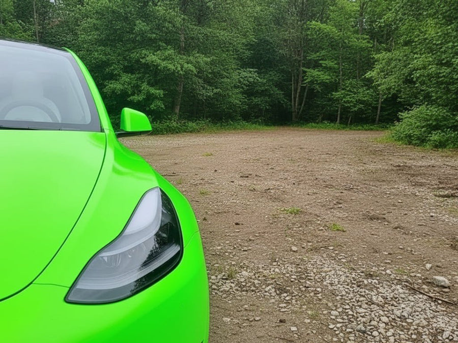 Tesla 3 wrapped in Gloss HX20000 Fluorescent Green vinyl wrap HX20612B