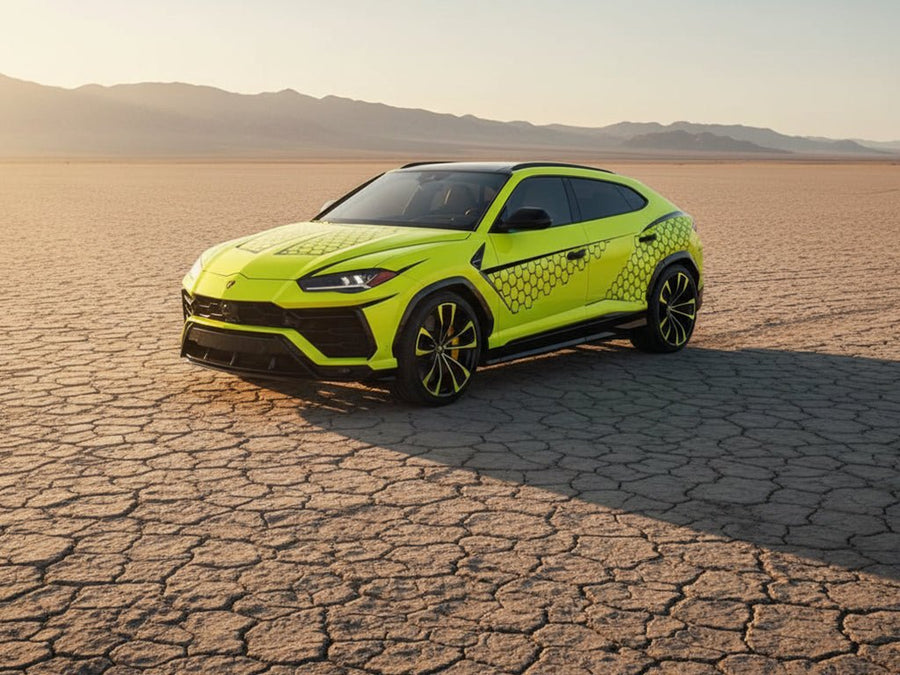 DIY Lamborghini Urus wrapped in Gloss HX20000 Fluorescent Yellow car wrap film HX20613B detail
