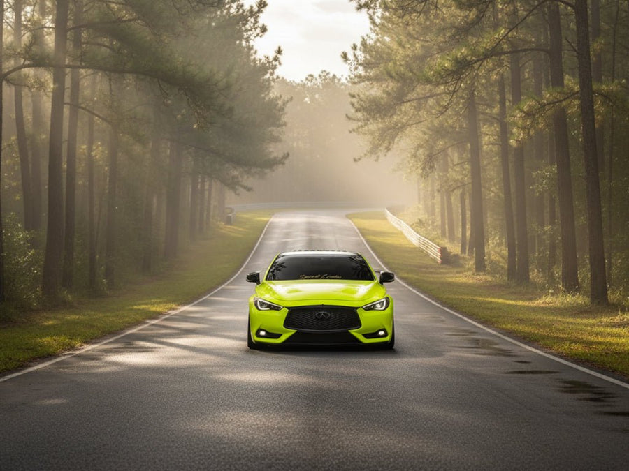 DIY Infiniti Q60 wrapped in Gloss HX20000 Fluorescent Yellow restyling film HX20613B