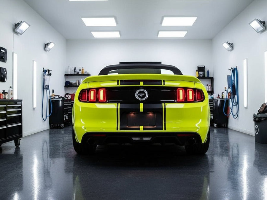 Ford Mustang wrapped in Gloss HX20000 Fluorescent Yellow automotive vinyl film HX20613B