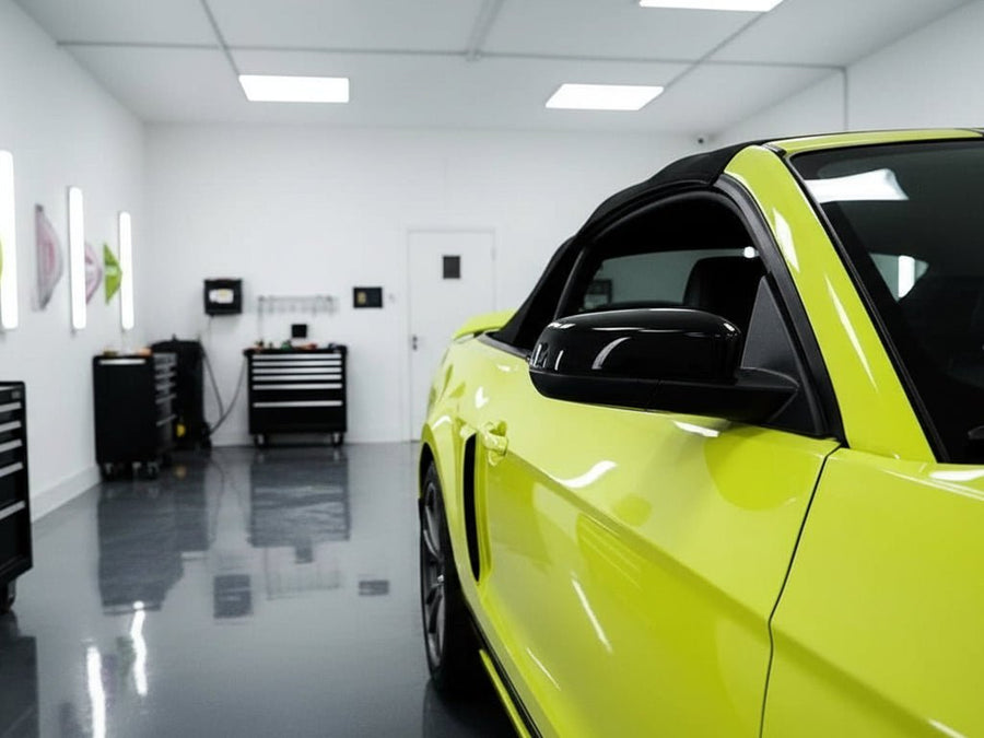 Ford Mustang wrapped in Gloss HX20000 Fluorescent Yellow automotive vinyl film
