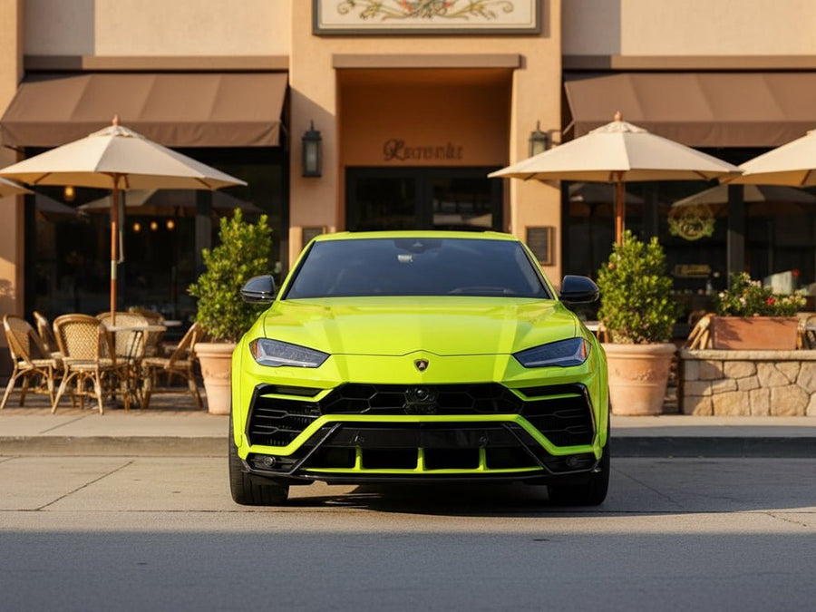 Lamborghini Urus wrapped in Hexis Gloss HX20000 Fluorescent Yellow restyling film HX20613B