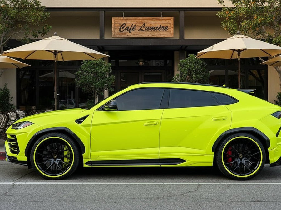 Lamborghini Urus wrapped in Hexis Gloss HX20000 Fluorescent Yellow car wrap film HX20613B