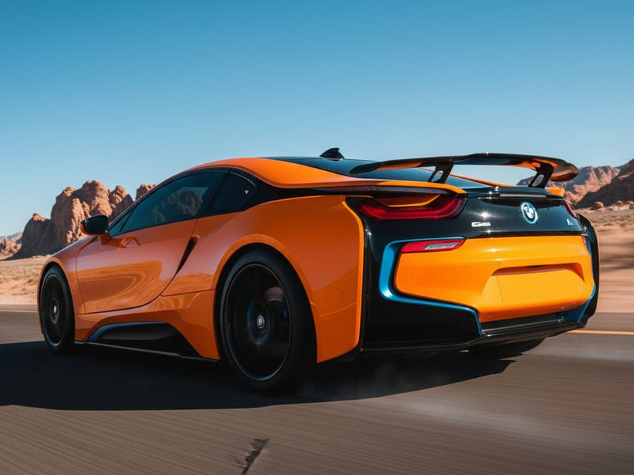 BMW i8 wrapped in Hexis Gloss HX20000 Fluorescent Orange wrap film HX20614B